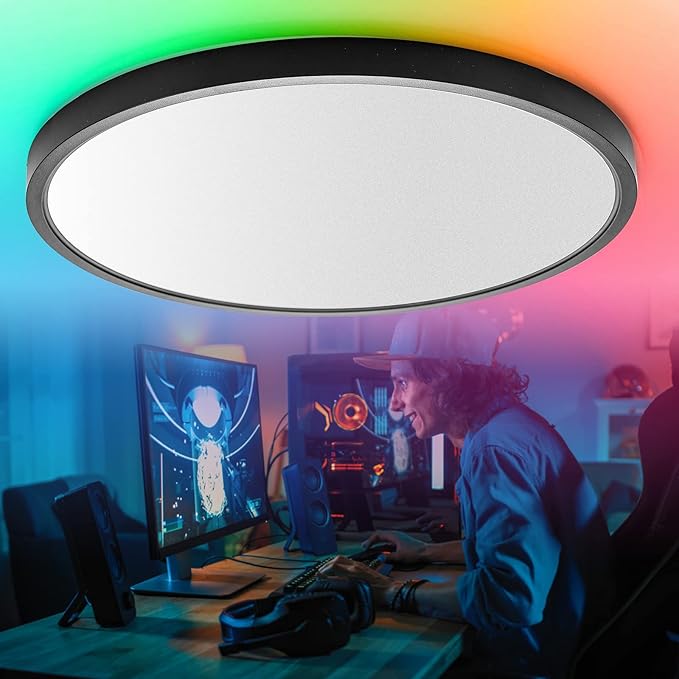 TALOYA Smart Ceiling Light Flush Mount LED WiFi, Compatible with Alexa Google Home, Black Dimmable Low Profile Ambient Light Fixture for Bedroom Living Room,12 Inch 24W