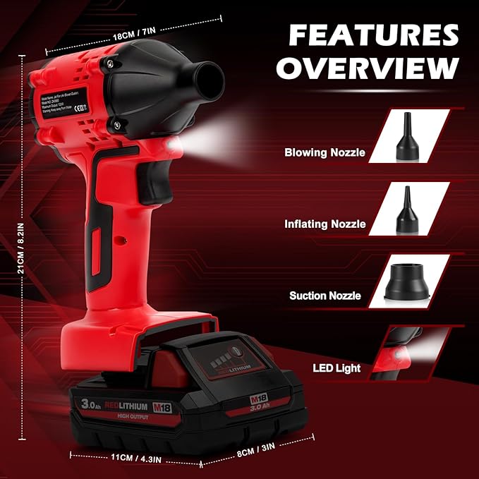 Air Blower Brushless High-Speed Motor Compatible with Milwaukee M18 Battery Air Duster Leaf Blower For Camping BBQ & Workshop (Battery not included)