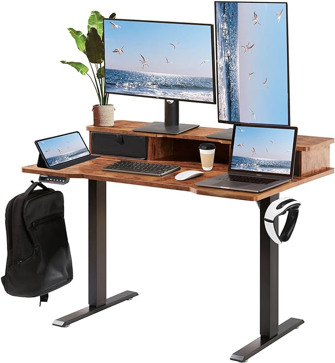 VEVOR Standing Desk with Shelves 47.2 x 23.6 Inch Height Adjustable Desk Dual Monitor Riser Workstation Adjustable Desk 3-Key Modes Sturdy Dual Metal Frame 180LBS Capacity for Home Office