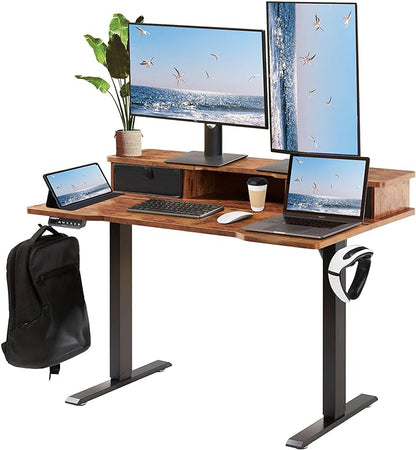 VEVOR Standing Desk with Shelves 47.2 x 23.6 Inch Height Adjustable Desk Dual Monitor Riser Workstation Adjustable Desk 3-Key Modes Sturdy Dual Metal Frame 180LBS Capacity for Home Office