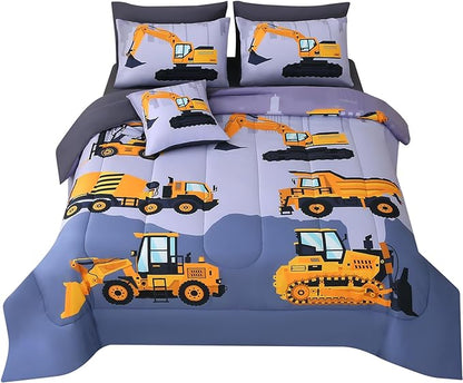 JQinHome Construction Full Bedding Sets for Boys Kids,8 Piece Bed in A Bag 3D Cartoon Car Excavator Tractor Comforter Set with Sheet Set,Trucks Cars