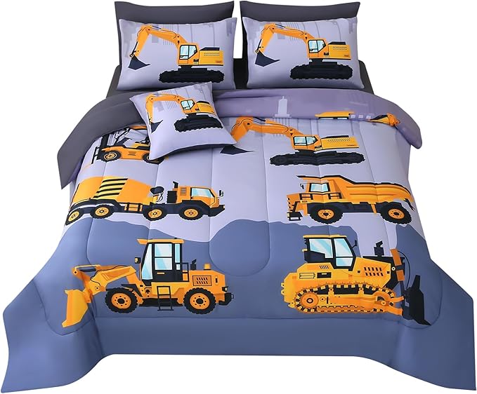 JQinHome Construction Twin Bedding Sets for Boys Kids,6 Piece Bed in A Bag 3D Cartoon Car Excavator Tractor Comforter Set with Sheet Set,Trucks Cars