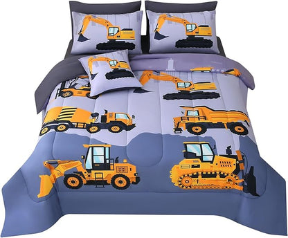 JQinHome Construction Twin Bedding Sets for Boys Kids,6 Piece Bed in A Bag 3D Cartoon Car Excavator Tractor Comforter Set with Sheet Set,Trucks Cars