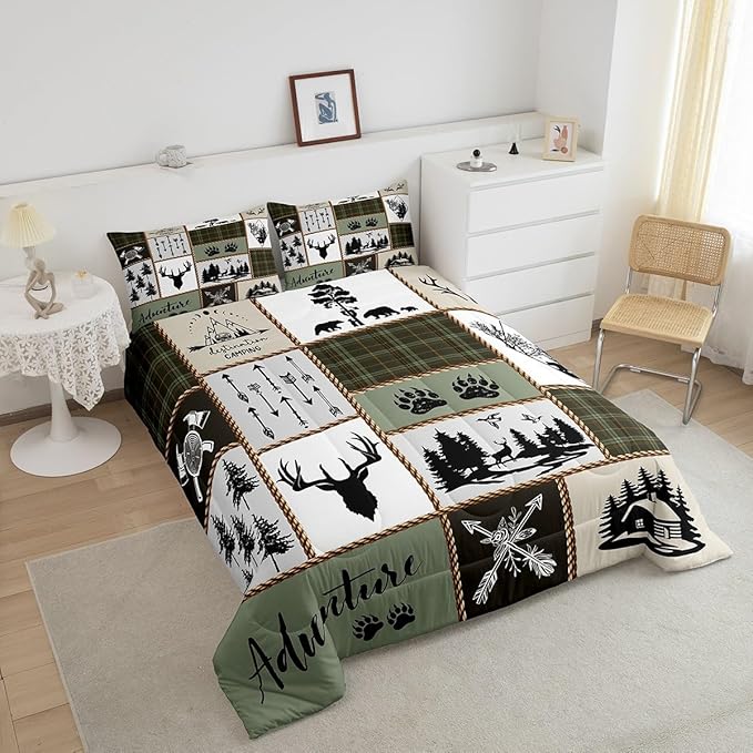 Rustic Farmhouse Kids Comforter Set Queen Size,Deer Antlers Bear Paws Plaids Patchwork Bedding Set for Boys Girls Adults Room Decor,Pine Trees Arrows Down Comforter,Retro Duvet Insert,2 Pillowcases