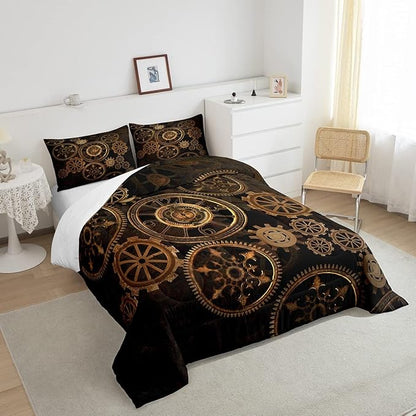 Golden Ndustrial Gear Comforter Set Queen Size Steampunk Style Bedding Set Clocks Theme Bedding Sets & Collections For Kids Boys Teens Men Mechanical Device Quilt Set,Retro Style Bedroom Decor