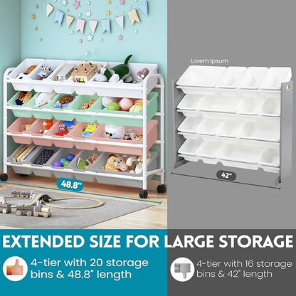 Kids Toy Storage Organizer with 20 Plastic Bins, 4-Tier Metal Toy Storage Rack, Extra Large Toy Organizer and Storage Bins for Kids Room, Playroom and Nursery, Multi-Color