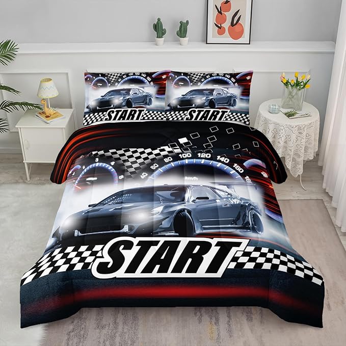 Axolotl Race Car Comforter Set Twin Size,Extreme Sports Bedding Set for Boys Teens Kids Girls Room Decor,Cool Speed Luxury Car Quilt Bed Set with 1 Comforter 2 Pillowcases Car Racing Gifts