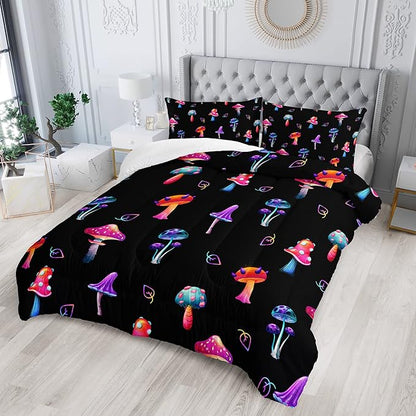 Colorful Mushroom Comforter Set Full Size Kids Mushroom Bedding Set Leaves Quilt Bed Set for Boys Girls Adults with 1 Comforter and 2 Pillowcases