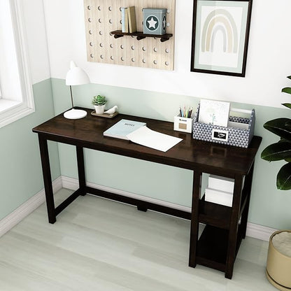 Max & Lily Solid Wood Desk With Shelves, 55 Inches, Espresso