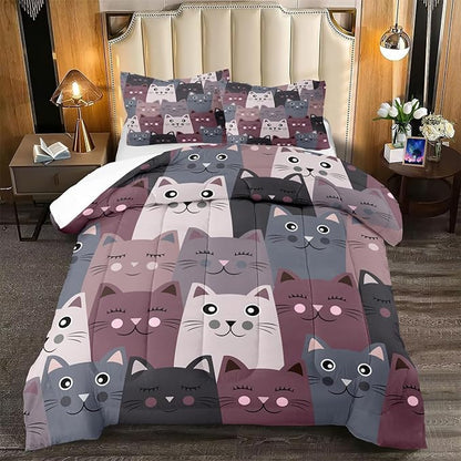 Cat Comforter Set Full Size - 3Pcs Grey Cat Bedding Set for Boys Girls Teens Cute Animals Themed Bedding Set Warm Ultra Soft Cartoon Cat Quilt Cover with 2 Pillowcases for Kids Room Decor