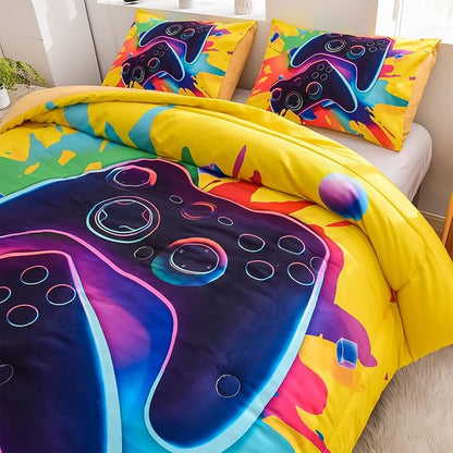 Aimuan Gaming Bedding Sets Gamer Room Decor 3D Gamepad Video Games Twin Size Comforter Sets for Boys Games Console Action Buttons Novelty Colorful Modern Home Quilt Set (Twin, Yellow)