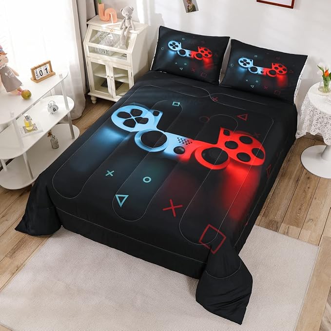 Erosebridal Gaming Comforter Set Twin Size for Boys Kids Game Room Decor Video Game Gamer Comforter Man Teens Bedroom Gamepad Bedding Set All Season,Black Blue Red