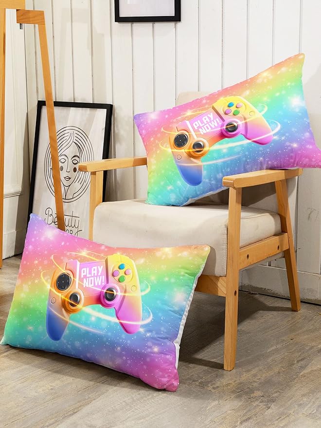 Datura home Bedding Comforter Set Rainbow Gamepad Printed Pattern Quilt with 1 and 2 Pillowcases for Girls Bedroom All Season(Rainbow Queen) Queen 90x90inches