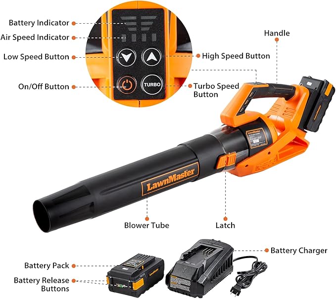 LawnMaster CLBL4016A Cordless Leaf Blower 40V Max with 2.0Ah,Battery Powered Leaf Blower Lightweight for Lawn Care, Leaves and Snow Blowing(Battery & Quick Charger)