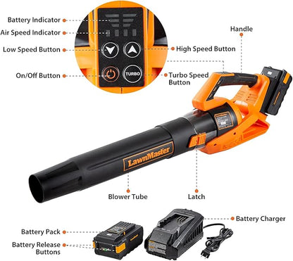 LawnMaster CLBL4016A Cordless Leaf Blower 40V Max with 2.0Ah,Battery Powered Leaf Blower Lightweight for Lawn Care, Leaves and Snow Blowing(Battery & Quick Charger)