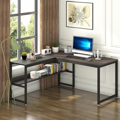 L Shaped Desk, Office Computer Corner Desk, 55 inch Home Gaming Desk Table, Writing Study Workstation with Storage Shelves for Home Office, Space-Saving, Industrial, Espresso
