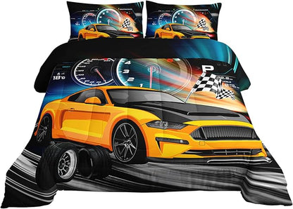 Axolotl Race Car Bedding Set Full Size,Boys Extreme Sports Comforter Set for Kids Boys Car Racing Gifts,Yellow Cool Car Comforter Car Sports Quilt Set 1 Comforter with 2 Pillowcase Car Racing Gifts