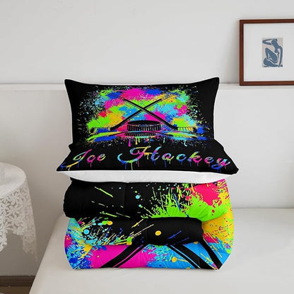 Feelyou Kids Ice Hockey Comforter Set King Size Gaming Sports Bedding Set for Boys Girls Teens Bedroom Decor Ice Sports Games Tie Dye Comforter Hockey Player Duvet Set with 2 Pillow Case
