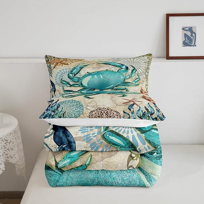 Sea Beach Theme Comforter Set Kids Beach Crabs Print Twin Bedding 3D Sea Animal Crab Luxury Microfiber Quilted Duvet Set with 1 Pillowcase,Soft Lightweight Marine Life Decorative Bedding Soft Fluffy