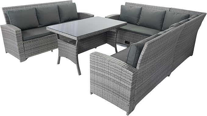 5 Pieces Outdoor Rattan Patio Furniture Sectional, Seater Conversation Set with 3 Storage Under Seat Wicker + Dark Cushion for Backyard, Deck, Poolside, Zl-Grey