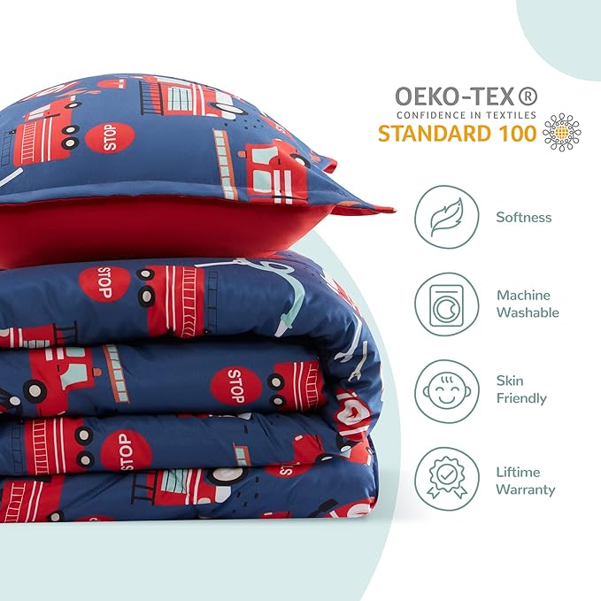SLEEP ZONE Kids Bedding Comforter Set Full/Queen Size - Super Soft & Cute Printed 3-Piece Comforter Set All Seasons for Boys, Girls, Fade Resistant, Machine Washable, Fire Truck
