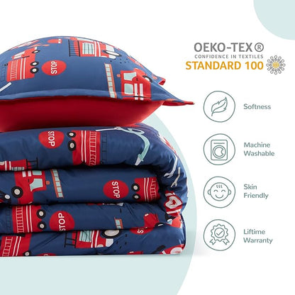 SLEEP ZONE Kids Bedding Comforter Set Full/Queen Size - Super Soft & Cute Printed 3-Piece Comforter Set All Seasons for Boys, Girls, Fade Resistant, Machine Washable, Fire Truck