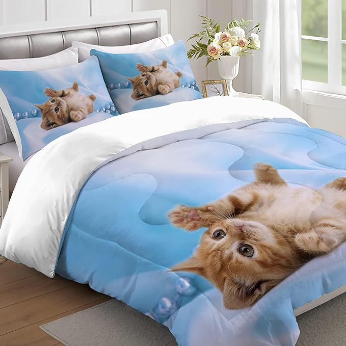 Cat Comforter Set Twin Size for Kids Blue Cat 3Pcs Bedding Set for boys and Girls (1Summer Comforter+ 2 Pillowcases) Lovely Animal Pets Duvet Set