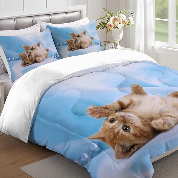 Cat Comforter Set Queen Size for Kids Blue Cat 3Pcs Bedding Set for boys and Girls (1Summer Comforter+ 2 Pillowcases) Lovely Animal Pets Duvet Set