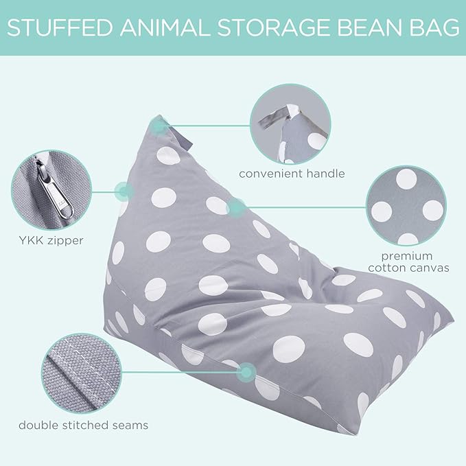 Aubliss Stuffed Animal Storage Bean Bag Chair Cover, 50"x 35" Extra Large Bean Bags for Kids & Adults, Beanbag Toy Storage for Boys Girls - Premium Cotton Canvas Grey Dot