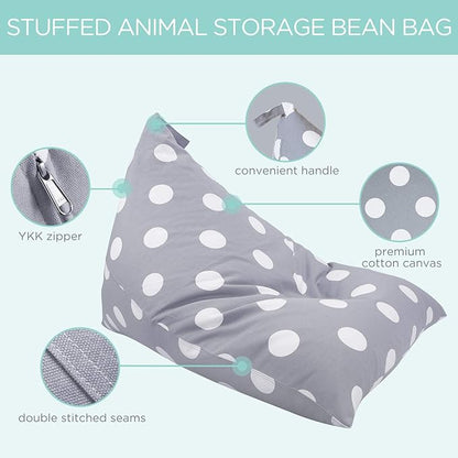 Aubliss Stuffed Animal Storage Bean Bag Chair Cover, 50"x 35" Extra Large Bean Bags for Kids & Adults, Beanbag Toy Storage for Boys Girls - Premium Cotton Canvas Grey Dot