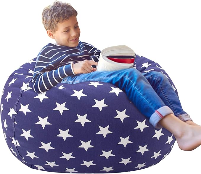 Aubliss Stuffed Animal Storage Bean Bag Chair Cover (No Beans)，Stuff and Sit Storage Bean Bag for Kids Toy Storage, Medium 32"-Canvas Stars Royal Blue