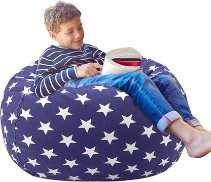 Aubliss Stuffed Animal Storage Bean Bag Chair Cover (No Beans)，Stuff and Sit Storage Bean Bag for Kids Toy Storage, Medium 32"-Canvas Stars Royal Blue