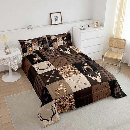 Antler Silhouette Kids Comforter Set Queen Size,Camo Brown Rustic Bedding Set,Girls Boys Adults Home/Xmas Cottage Decor,Stylish Plaid Grids Down Comforter,Arrows Boho Duvet Insert,3pcs,2 Pillowcases
