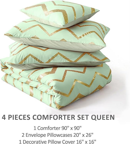 Sage Green/Gold Comforter Set Queen, Metallic Print Glitter Bedding Set Cute Shinny Bed Sets for Teen Girls Kids Women, 4 Piece (2 Pillowcases, 1 Decorative Pillow Sham)