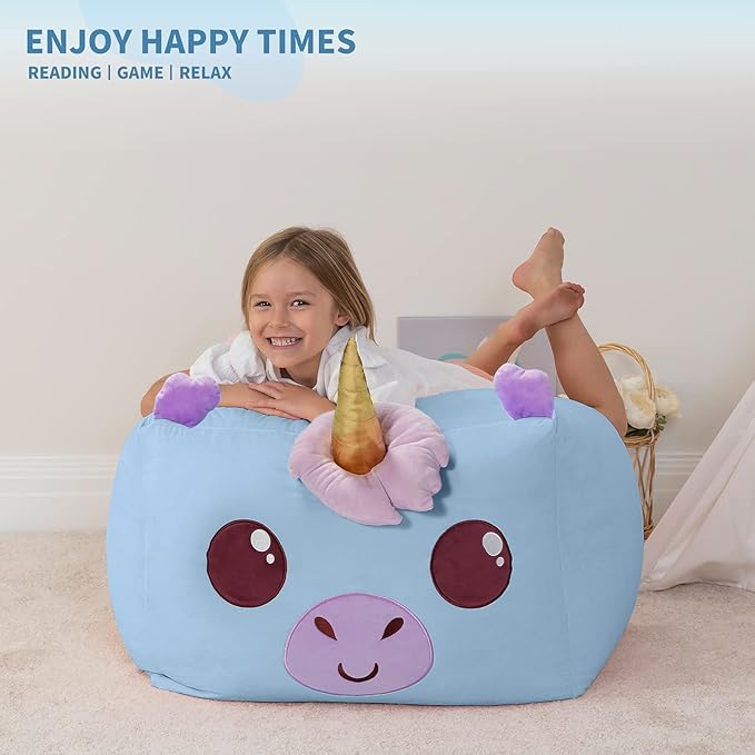 Aubliss Unicorn Stuffed Animal Storage Bean Bag Chair for Kids, Velvet Extra Soft Beanbag Chairs Cover, X-Large Stuffable Zipper Bean Bag for Organizing Plush Toys Girls Bedroom Decor, Blue