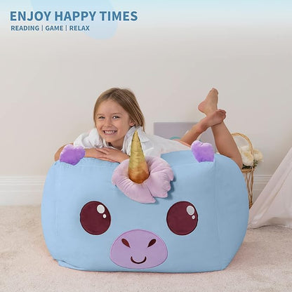 Aubliss Unicorn Stuffed Animal Storage Bean Bag Chair for Kids, Velvet Extra Soft Beanbag Chairs Cover, X-Large Stuffable Zipper Bean Bag for Organizing Plush Toys Girls Bedroom Decor, Blue