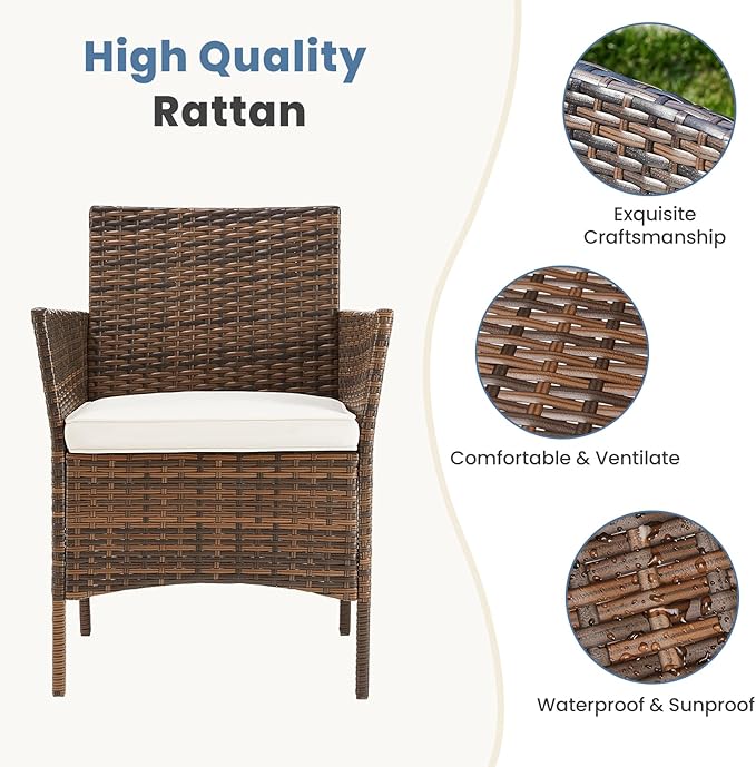 DUMOS Set 3 Pieces Outdoor Furniture with Soft Cushion and Glass Table, All Weather Manual Weaving Wicker Rattan Patio Chairs for Garden, Terrace, Porch, Lawns, Brown