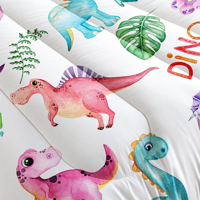 Cartoon Dinosaur Comforter Set Twin 3Pc Kawaii Dinosaur Bedding Set All Season with Tree, Leaf Decoration includes 1 Comforter, 2 Pillowcases for Kids Girls Teens