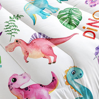 Cartoon Dinosaur Comforter Set Twin 3Pc Kawaii Dinosaur Bedding Set All Season with Tree, Leaf Decoration includes 1 Comforter, 2 Pillowcases for Kids Girls Teens
