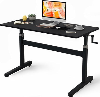 Manual Standing Desk Adjustable Height- Crank Mobile Standing Desk 55 x 24 Inches Sit Stand Desk Frame & Top, Stand Up Desk on Wheels, Computer Desk Black Frame & Black