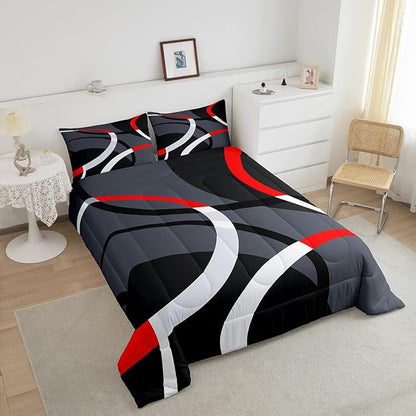 Geometric Circle Comforter Set Red Grey and Black Comforter for Kids Boys Girls Teens Geometry Bedding Set Breathable Abstract Art Duvet Set Modern Luxury Room Decor Quilt Set Full Size