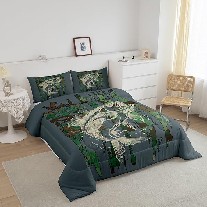 Feelyou Bass Fish Comforter Set King Size Green Camouflage Bedding Set for Fishing Lover Gifts Boys Girls Camo Pike Fish Fishing Comforter Wild Fisherman Bed Set Rustic Cabin Bedroom Decor