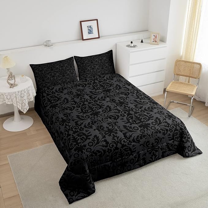 Erosebridal Adults Black Damask Bedding Set Antique Victorian Baroque Down Comforter King Gothic Vintage Floral Comforter Set Bohemian Exotic Bedding Quilted Bedroom Decor 2 Pillow Cases