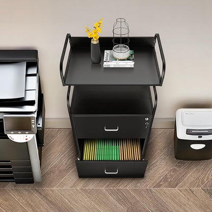 Vertical File Cabinet, 2 Drawer Mobile Filing Cabinet with 1 Bookshelf, Printer Stand with Open Storage Shelves Fits A4/Letter/Legal Size File Cabinets for Home Office Organizer, Black