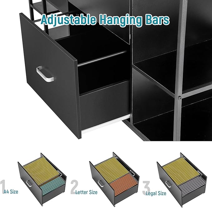Lateral File Cabinet, 2 Drawer Mobile Filing Cabinet with Outlet, Open Storage Side Shelves, Locking Drawer Fits A4/Letter/Legal Size File Cabinets for Home Office, Black