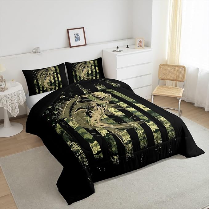 Bass Fish Comforter Set Twin Size Fisherman Camouflage Bedding Set Pike Fish Camo American Flag Comforter for Women Men Fsihing Lover Room Farmhouse Fishing Bed Set Wild Quilted Set 2Pcs
