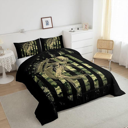 Bass Fish Camouflage Comforter Set King Pike Fish Camo Bedding Set for Women Men Room Kids Farmhouse Fishing Decor Comforter Fishman Wild Quilt Set Down Comforter Green Black King Size