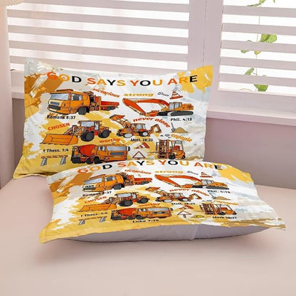 Kids Construction Vehicles Truck Comforter for Boys Twin,Cartoon Car Excavator Tractor Bedding Set,Construction Christian Spirational Quotes Comforter with 2 Pillowcases Yellow