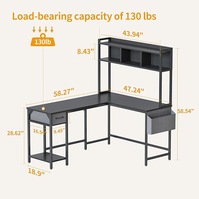 BANTI L Shaped Desk with Hutch, 58 inch Corner Computer Desk with Drawer,Home Office Gaming Table Workstation with Storage Bookshelf, Black