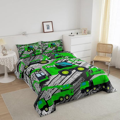 Excavator Down Comforter, Kids Boys Cartoon Car Comforter Set Twin, Children Tractor Truck Duvet Sets Girls Construction Vehicle Bulldozer Bedding Set 2 Pieces with 1 Pillow Case, Green Gray